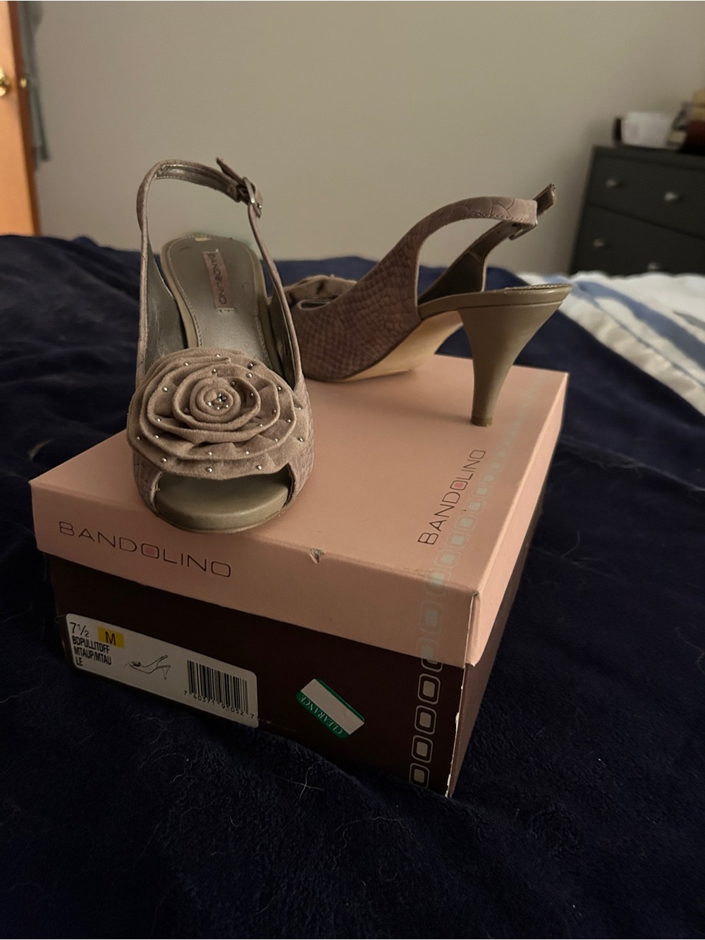 Bandolino Taupe Open-Toe Slingback Heels with Rosette